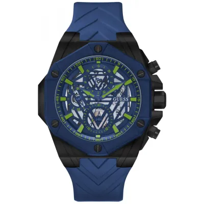 Guess Men's Blue Skeleton Dial Blue Silicone Strap Watch